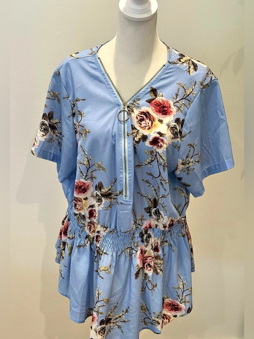 SHEIN Curve Floral Zip Front Romper Floral Zip Front Romper Blue 1XL Like New